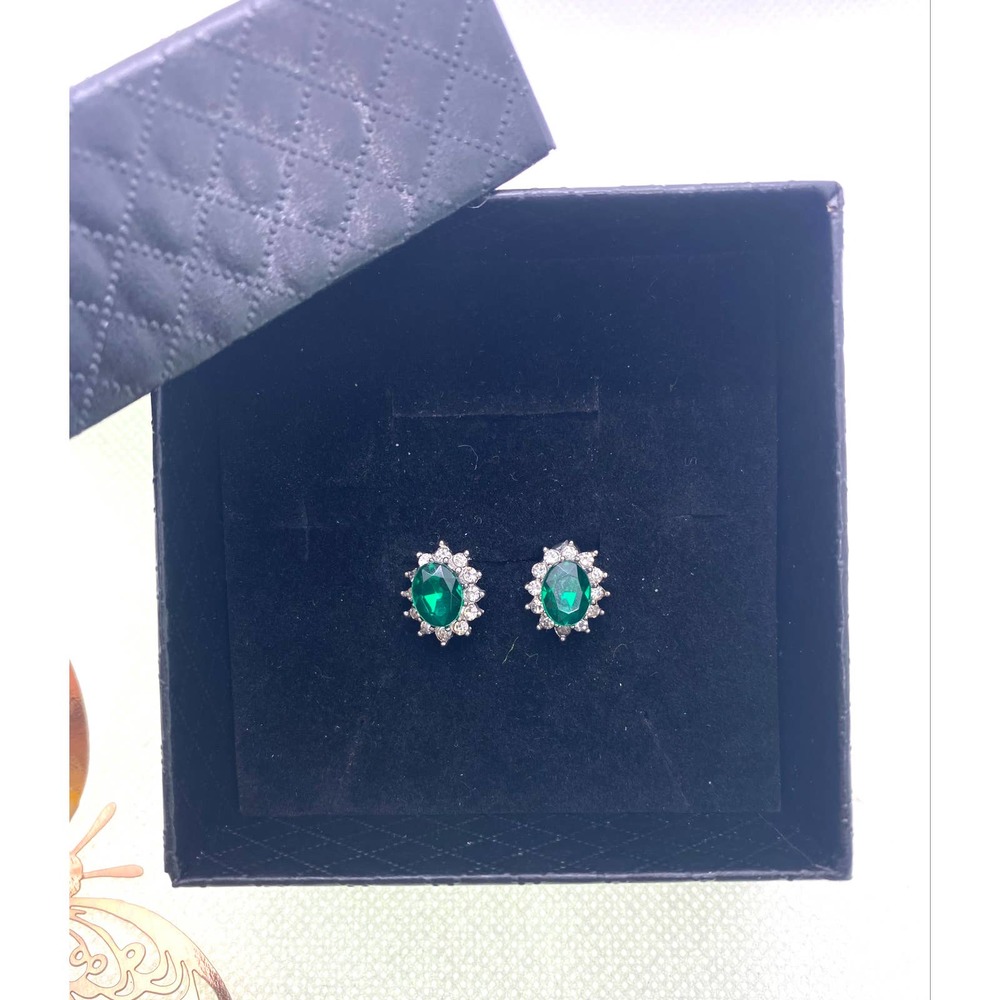 Imitation Silver Diamond Green Emerald Rhinestone Cubic Zirconia Oval Earrings
